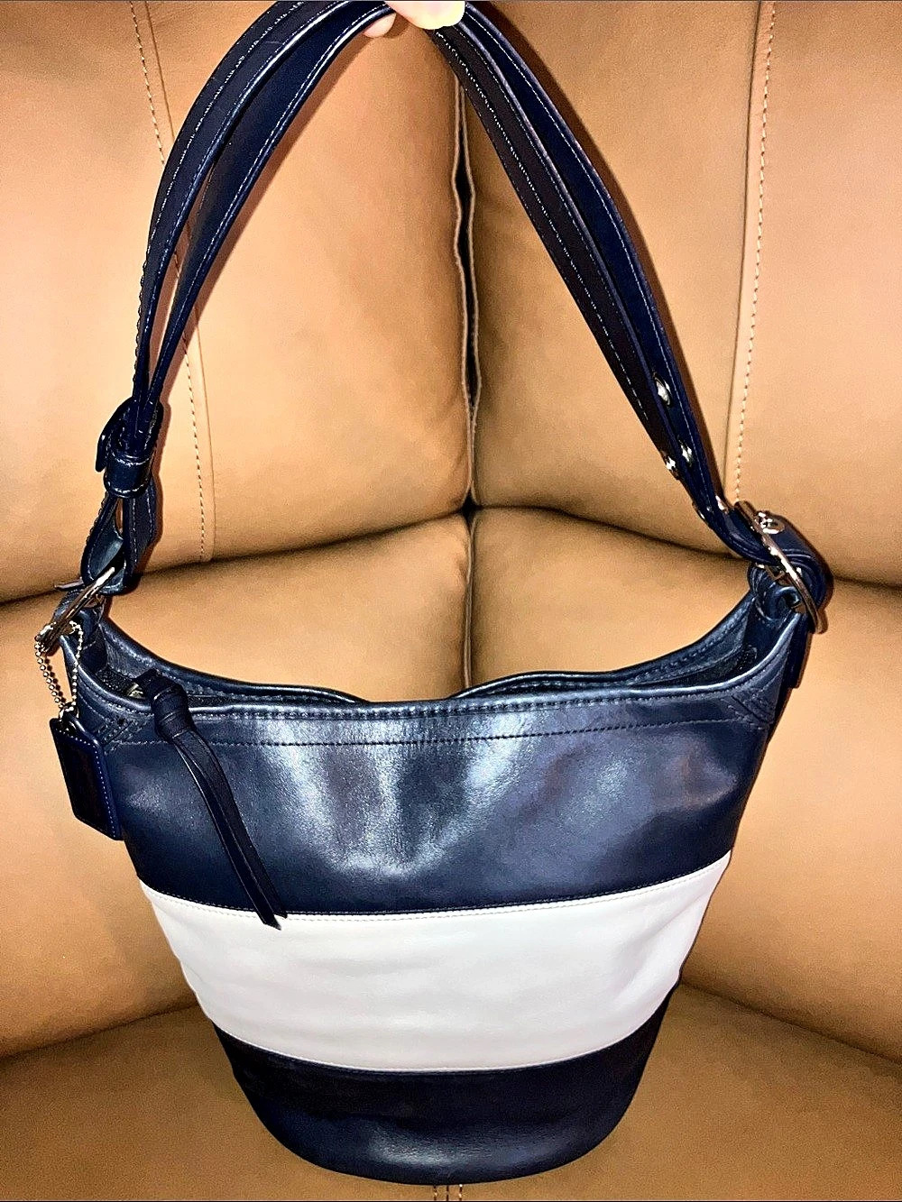 Coach Bleecker Rugby Navy Blue & White Stripe Leather Bucket Bag